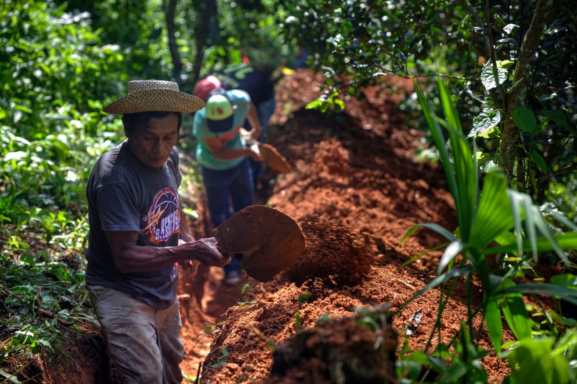 a group of people digging in a dirt path