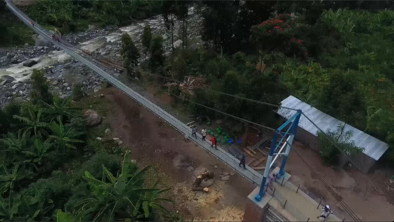 bridge with people walking over river